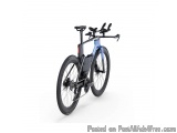 The image is of a blue and black electric bike. The bike has a sleek design with a black frame and blue accents. It has two b...