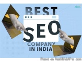 The image is an advertisement for a company called "Best SEO Company in India". The background is a light blue color with a w...