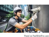 The image shows a young man wearing a white hard hat and a gray t-shirt, working on a security camera mounted on the side of...