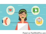The image is an illustration of a woman wearing a headset and holding a laptop. She is surrounded by various social media ico...