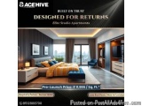 The image is an advertisement for AceHive Elite Studio Apartments. It features a modern and luxurious bedroom with a large be...