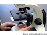 The image shows a person's hands holding a microscope. The microscope is white in color and has a black base. The person is u...
