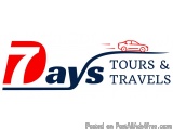 The image is a logo for a travel agency called 7 Days Tours & Travels. The logo is rectangular in shape and has a red and blu...