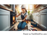 In this image, we can see a young woman wearing a white hard hat, blue overalls, and white gloves, kneeling on the floor in f...