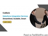 The image is a graphic design for Codeleo's Salesforce Integration Services. It features two men shaking hands in a professio...