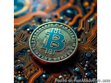 The image is a close-up of a Bitcoin coin resting on top of a circuit board. The coin is in the center of the image, with the...