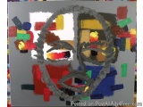 The image is a square painting with a gray background. In the center of the painting, there is a large circle made up of smal...