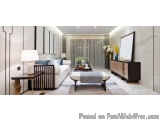 The image shows a modern and luxurious living room with a minimalist design. The room has a large window with sheer curtains,...