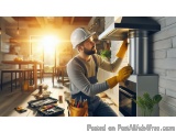 In this image, we can see a man wearing a white hard hat and overalls, working on a chimney in a kitchen. He is wearing yello...