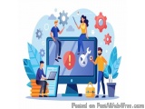 The image is an illustration of a group of people working together on a computer screen. The screen displays an exclamation m...