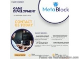 The image is a brochure or flyer for a company called MetaBlock. The background is white and the text is in black and blue. O...