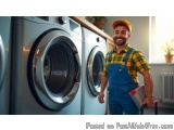 The image shows a young man wearing a yellow cap and blue overalls, standing in front of a row of washing machines in a laund...
