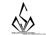The image is a black and white logo for Dhillion Design Studio. It is a triangular shape with a diamond-like design in the ce...