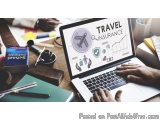 The image shows a person's hands typing on a laptop with the words "Travel Insurance" displayed on the screen. The laptop is...
