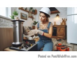 In this image, we can see a young woman wearing a white hard hat and overalls, working on a kitchen countertop. She is wearin...