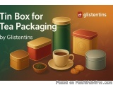 The image is an advertisement for a tin box for tea packaging by Glistentins. It features a variety of tin boxes in different...