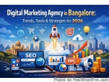 The image is an illustration of a digital marketing agency in Bangalore, India. The background of the image is a cityscape wi...