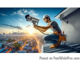 The image shows a construction worker on the roof of a building, holding a security camera. He is wearing a hard hat, a t-shi...