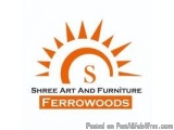 The image is a logo for Shree Art and Furniture Ferrowoods. The logo is a circular shape with a sunburst design in the center...