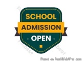 The image is a logo or emblem for a school admission event. It is a shield-shaped badge with a green background and a yellow...