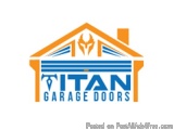 The image is a logo for a garage door company called Titan Garage Doors. The logo is in the shape of a house with a blue and...
