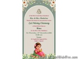 The image is a wedding invitation card for a Hindu wedding. The background of the card is a light green color with a floral b...