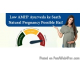 The image is an advertisement for a pregnancy test. It has a blue background with white text that reads "Low AMH? Ayurveda ke...