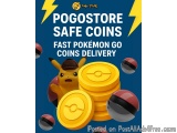 The image is an advertisement for POGOSTORE Safe Coins, a fast Pokemon Go coins delivery service. The background is blue with...