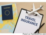 The image shows a desk with a passport, a clipboard with the words "Travel Insurance" written on it, and a toy airplane. The...