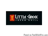 The image is a logo for a restaurant called Little Greek Fresh Grill. The logo is black with white text that reads "Little Gr...