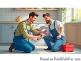 The image shows two young men in a kitchen, both wearing blue overalls and plaid shirts. They are kneeling on the floor in fr...