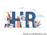 The image is an illustration of the word "HR" in large, capital letters. The word is in blue color and is surrounded by vario...