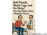 The image is an illustration of a doctor talking to an elderly man sitting on a couch. The man is wearing a red sweater and b...