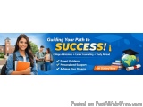The image is a banner or advertisement for a college admissions program. It has a blue background with a photo of a young wom...