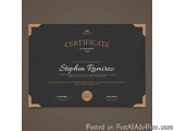 The image is a certificate of achievement template. It has a black background with a gold border on the top and bottom. The c...