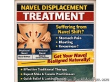 The image is an advertisement for a Navel Displacement Treatment. It has a blue background with white text. The title of the...
