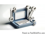The image is a 3D illustration of a laptop with a white screen and a blue keyboard. The laptop is placed on a blue base with...