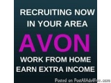 The image is a graphic design with a dark blue background and white text. The text reads "Recruiting now in your area Avon -...