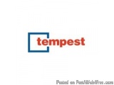 The image is a logo for a company called "tempest". The logo is rectangular in shape and has a blue border. Inside the blue b...