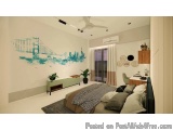 The image shows a modern and minimalist bedroom with a large window on the right side. The window has white curtains and a vi...