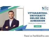 The image is an advertisement for Uttarakhand University Online BBA Admission. It features a photo of a young man in a suit w...