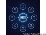 The image is a graphic representation of the concept of SEO (Search Engine Optimization) in the middle of a dark blue backgro...