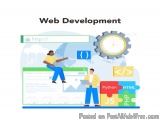The image is an illustration that represents web development. It shows two people, a man and a woman, standing in front of a...