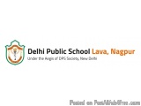 The image is a logo of Delhi Public School Lava, Nagpur, India. It is a shield-shaped emblem with a green background and a go...