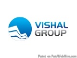 The image is a logo for a company called Vishal Group. The logo is rectangular in shape and has a blue color scheme. On the l...