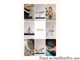 The image is a collage of nine photos arranged in a grid-like pattern. Each photo shows a different yoga pose. The first phot...