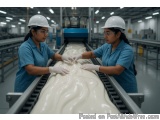 The image shows two women wearing blue uniforms and white hard hats working in a factory. They are standing in front of a con...