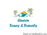 The image is a logo for a company called "Queen Tours & Travels". It has a white background with a blue border. In the center...