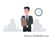 The image shows a man in a suit and tie standing in an office. He is holding a clipboard and appears to be in the middle of a...