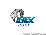 The image is a logo for a company called "IBEX Roof". The logo is a stylized illustration of a ram's head with long, curved h...